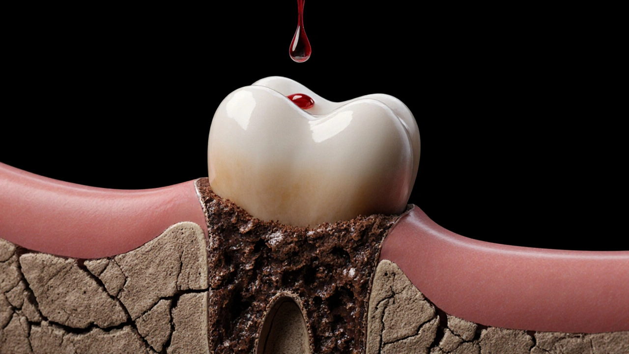 Ztráta kosti kolem kořene zubu způsobená chronickým zánětem zubního kamene.