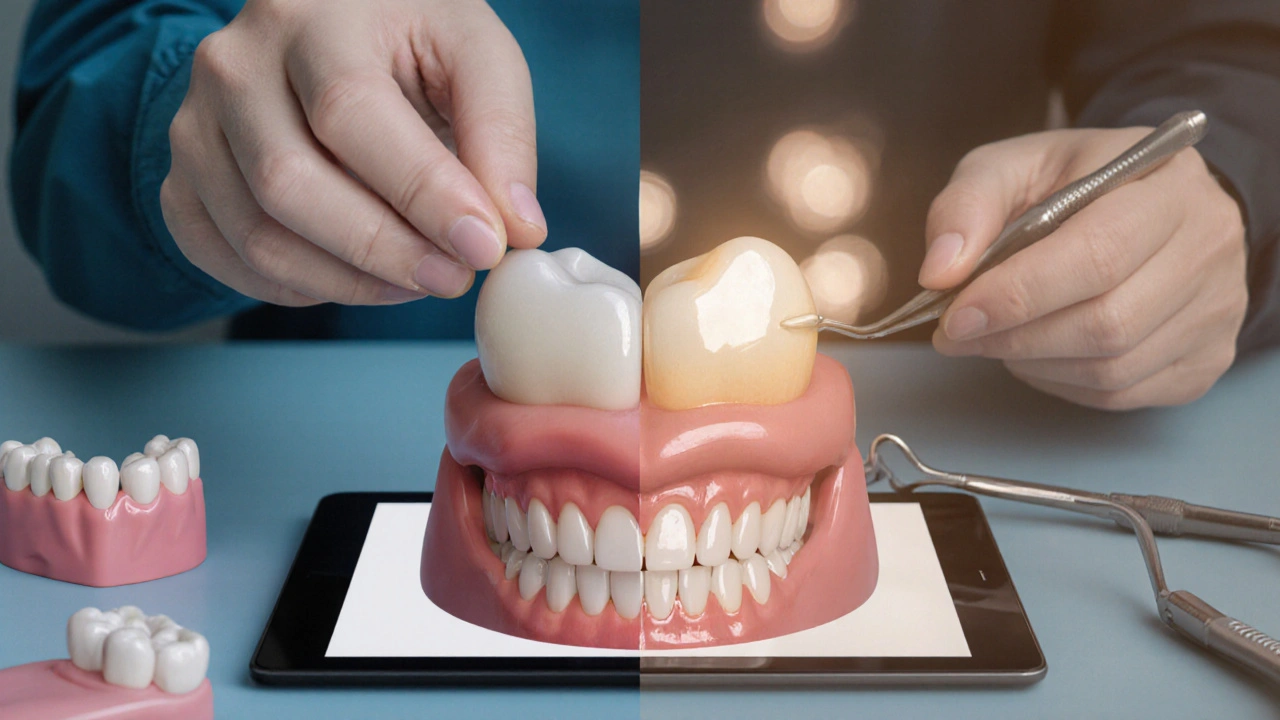 Zubař přilepuje keramickou fazetu na zub, s porovnáním přirozeného a umělého zubu.