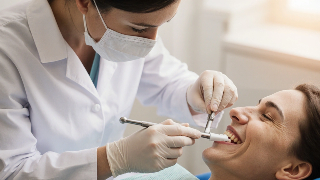 Zubař ukládá léčivou náplast do rány po výtažku zubu v ordinaci.