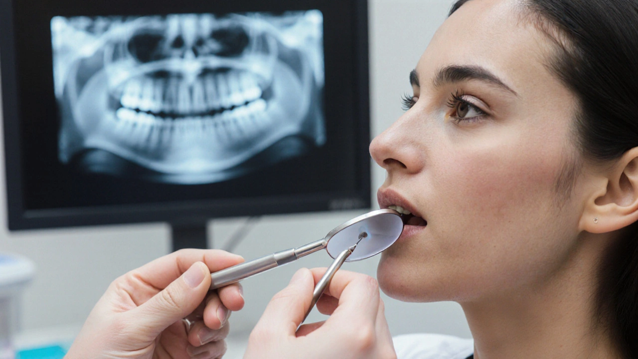 Zubař vyšetřuje mezery mezi zuby pomocí zrcátka a sondu v klinice.