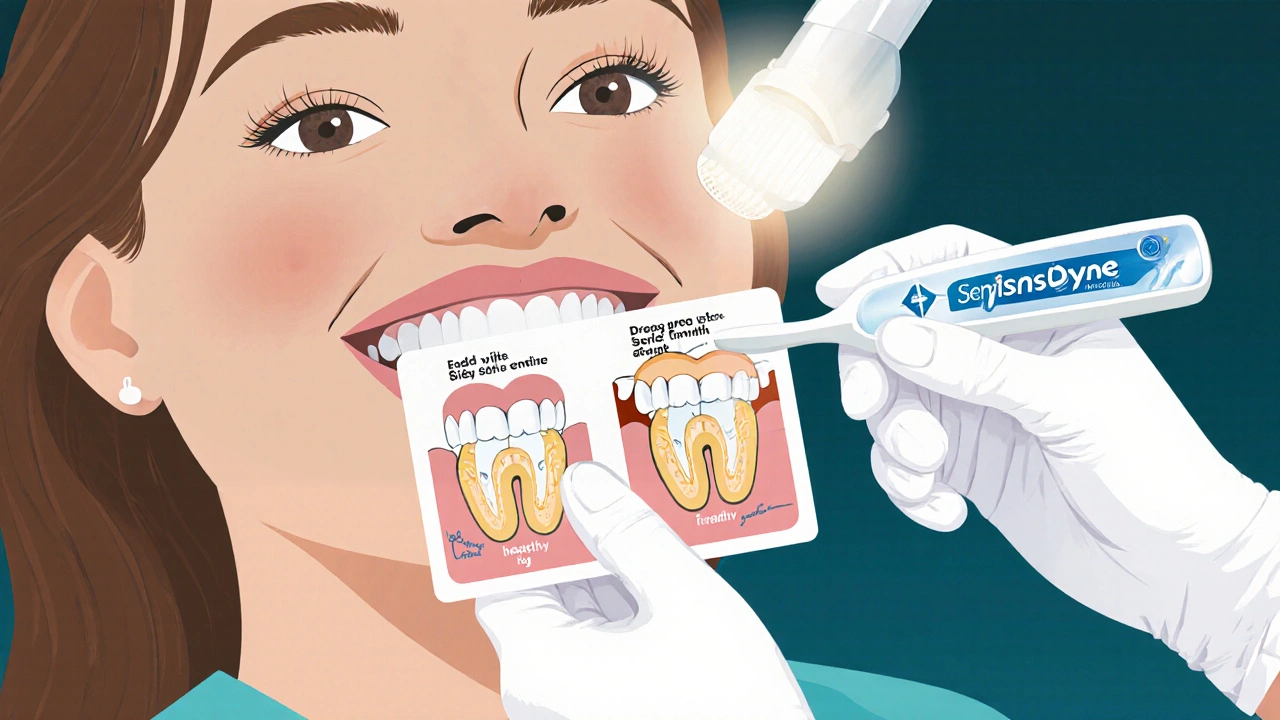 Zubař vyšetřuje zuby pacienta s porovnáním zdravé a poškozené skloviny.