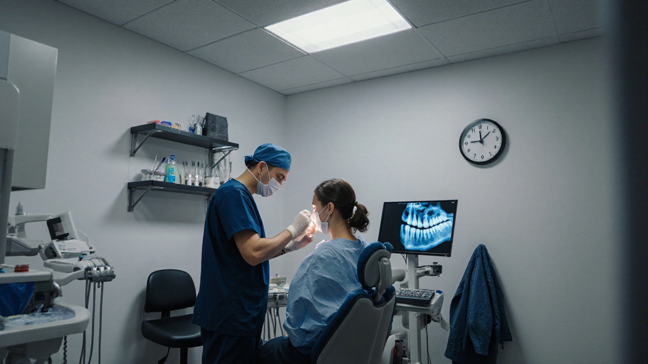 Zubní lékař rychle ošetřuje pacienta v nouzové zubní klinice v Praze.