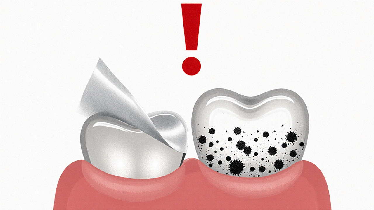 Zuby s tenkou fólií, pod níž jsou bakterie a skvrny, symbolizující skryté riziko.