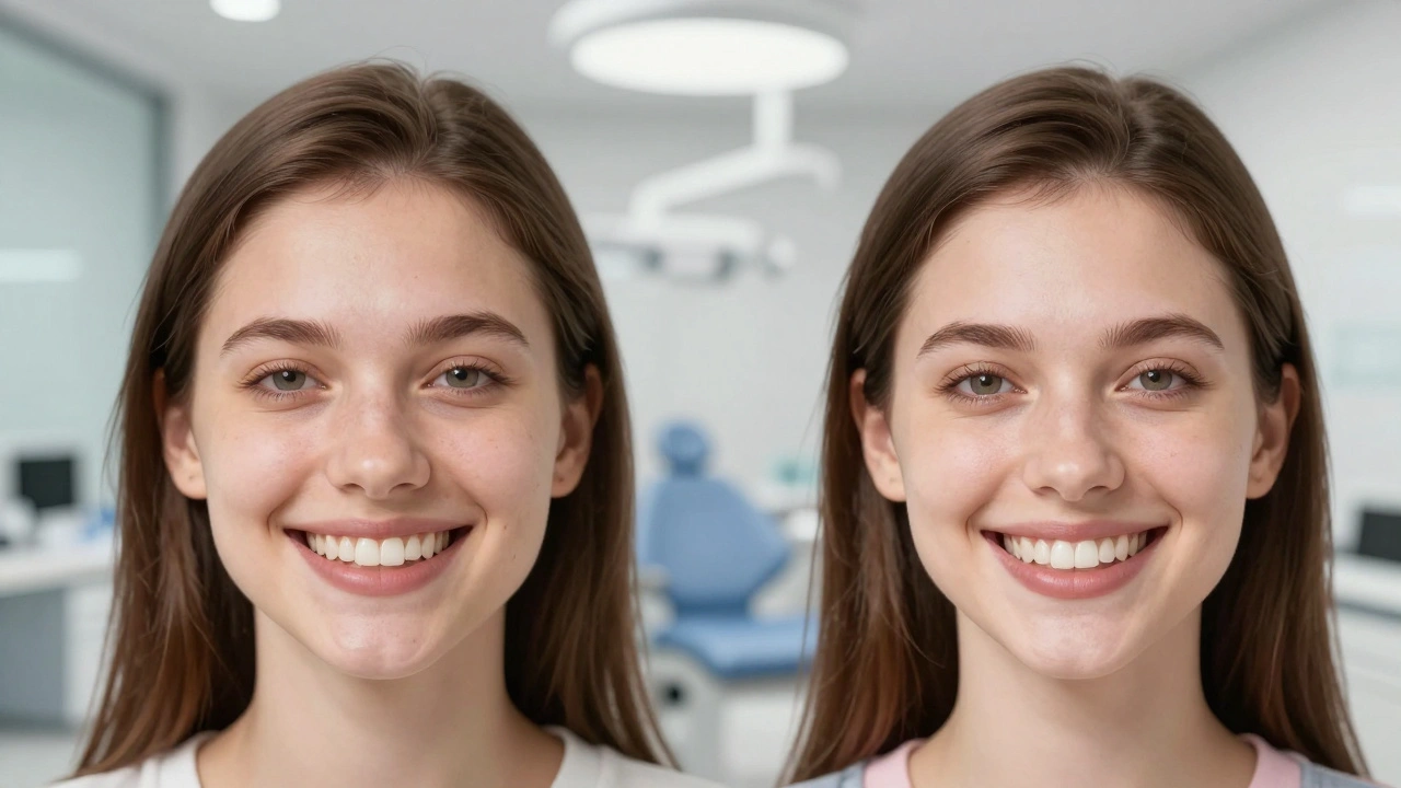 Before and after view of a smile improved with dental veneers.