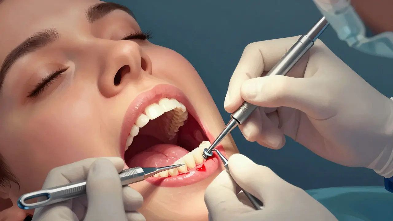 Chirurg vkládá titanový implantát do čelisti během operace pod místní anestézií.