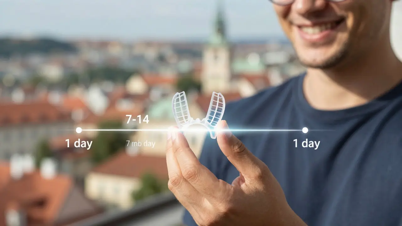 Člověk drží zubní můstek s časovou osou výroby, symbolizující obnovu úsměvu.