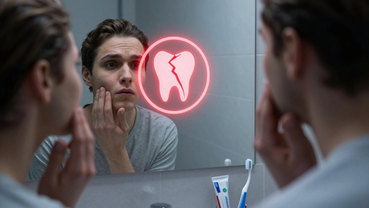 Člověk se dívá do zrcadla, v odrazu vidí varovný symbol kazu