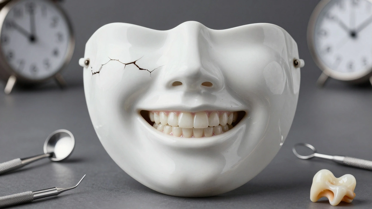 Conceptual image of a porcelain smile mask over natural teeth with cracks.