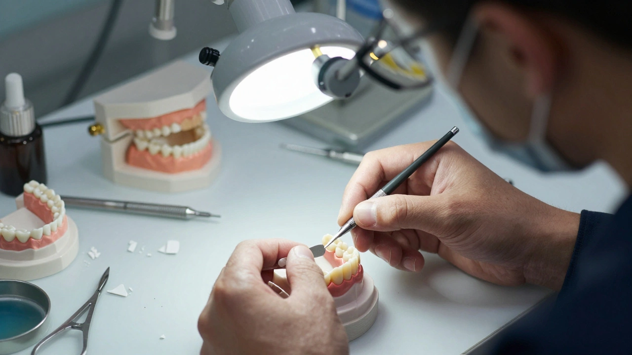 Dentální technik přilepuje tenkou keramickou fazetu na model zubu v laboratoři.