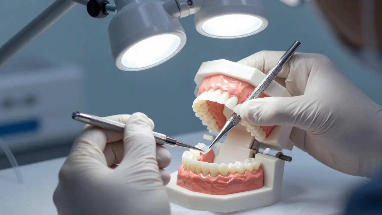 Dentista přilepuje keramické fazety na zubní model.