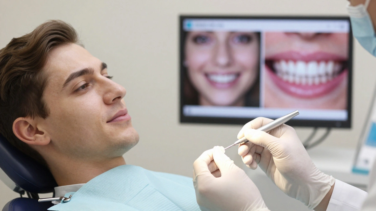 Dentista přilepuje keramickou fazetu na zub v moderní klinice v Brně, pacientka klidně sleduje.