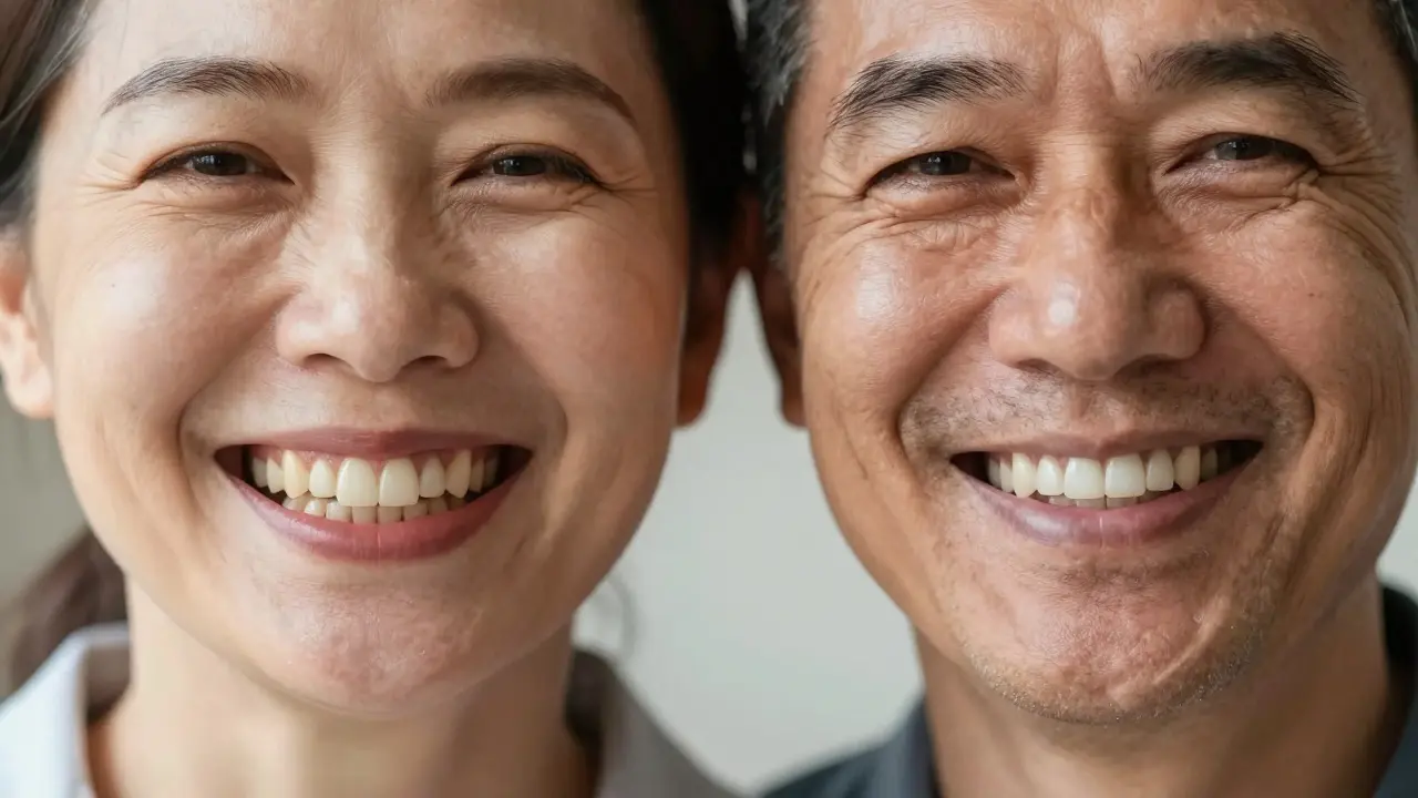 Dva pohledy na úsměv: jedna s nepříliš zarovnanými zuby, druhá s rovnoměrně zarovnanými zuby.