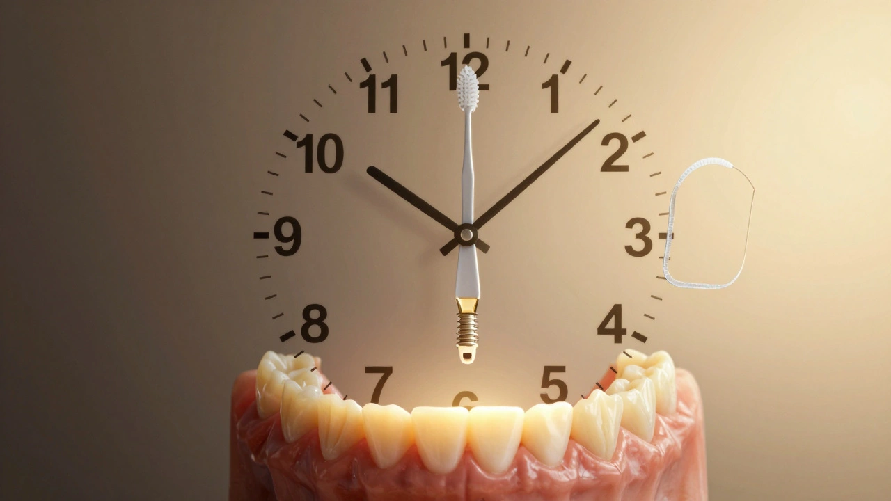 Hodiny ve tvaru kartáčku a vodního proudu symbolizují denní péči o implantáty.