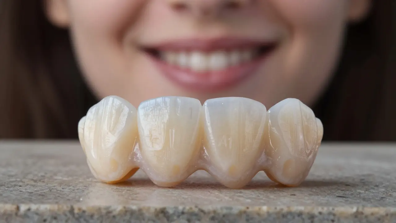 Keramické fazety na kameni s přirozenou texturou a odstíny bílé, symbolizující kvalitu a přirozenost.