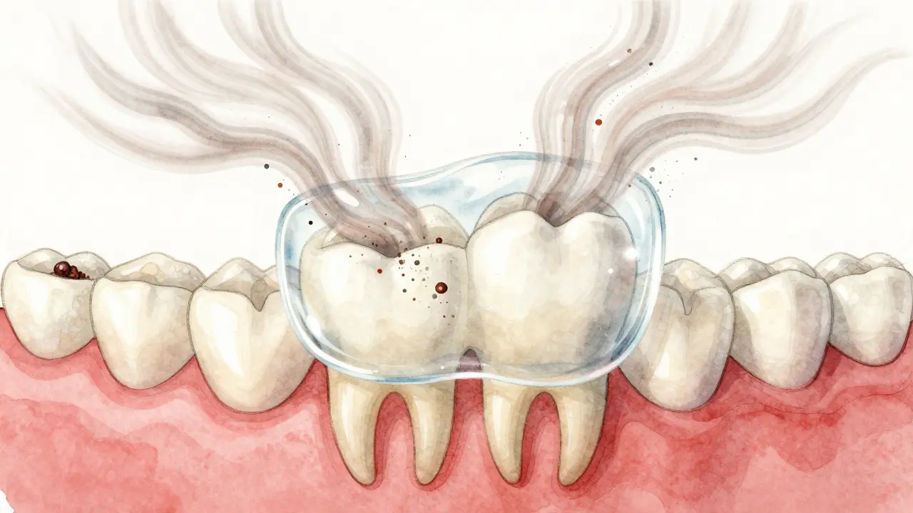 Koncepční obrázek zubů s odstraňovaným plakem a zubním kamenem jemným proudem vzduchu.