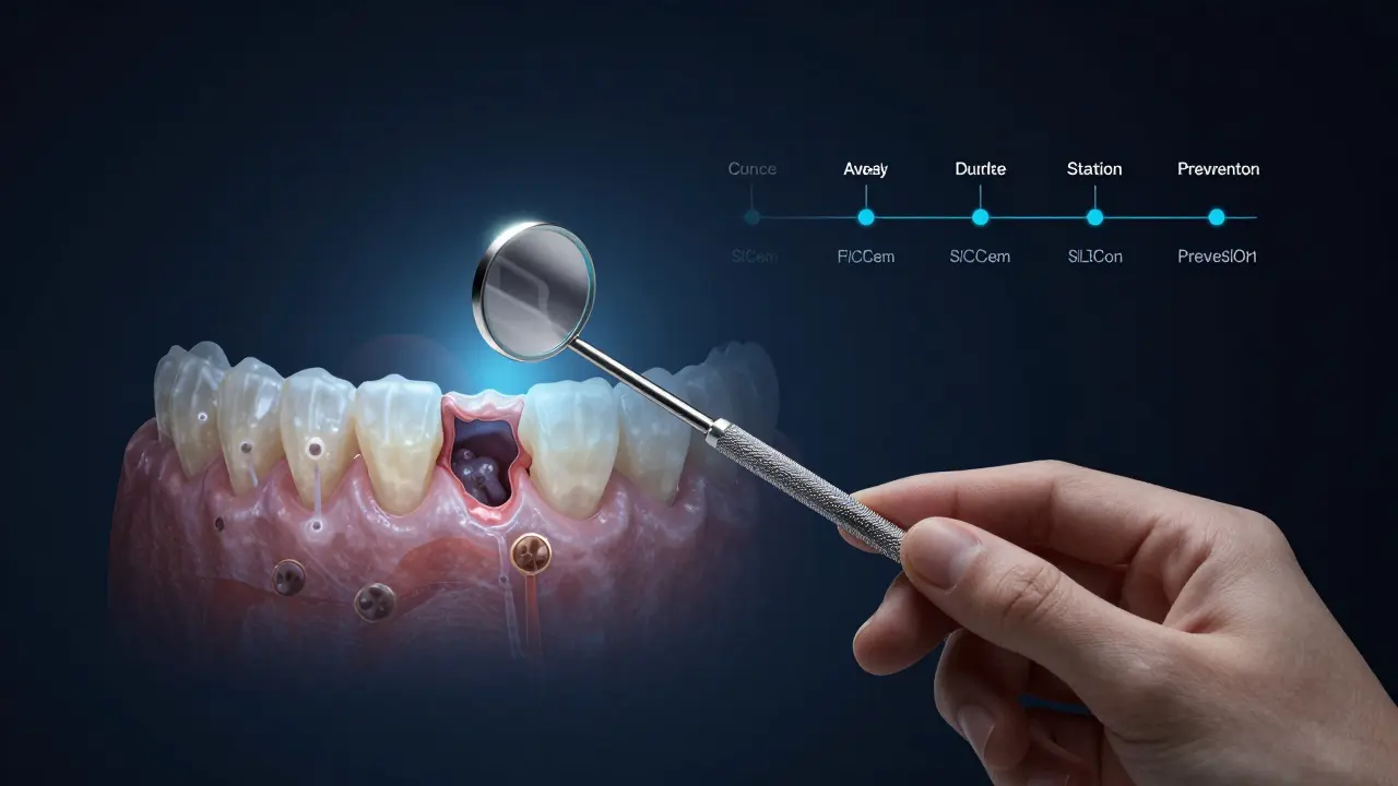 Konceptuální obrázek dentálního zrcátka s průhlednými vrstvami skrytých problémů v ústech.