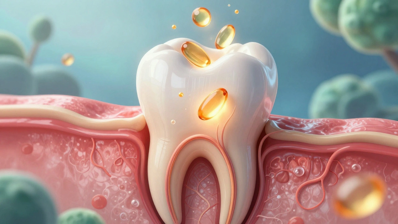 Křížový řez zubu s obnovujícími se nervovými vlákny, osvětlenými živinami jako omega-3 a vitamín B12.