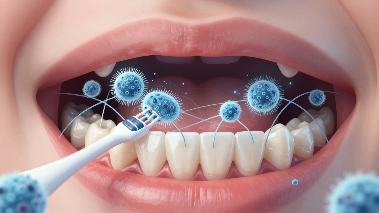 Mikroskopický pohled na štětiny Curaprox mezi zuby a ortodontickými drátky.