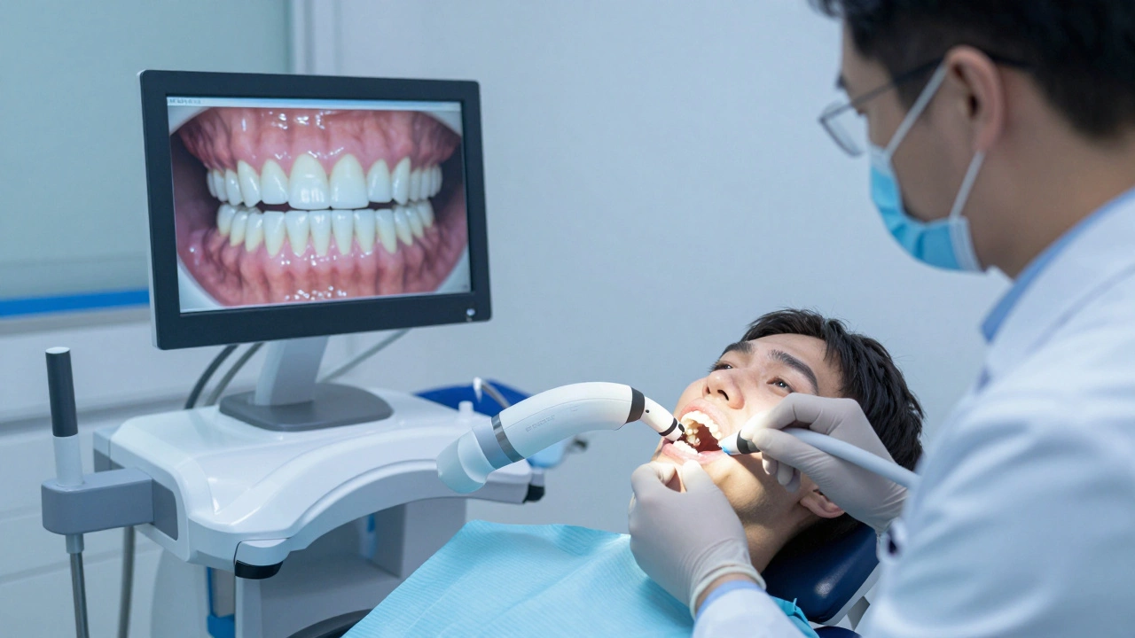 Ortodont skenuje zuby pacienta v moderní ordinaci pomocí 3D technologie.