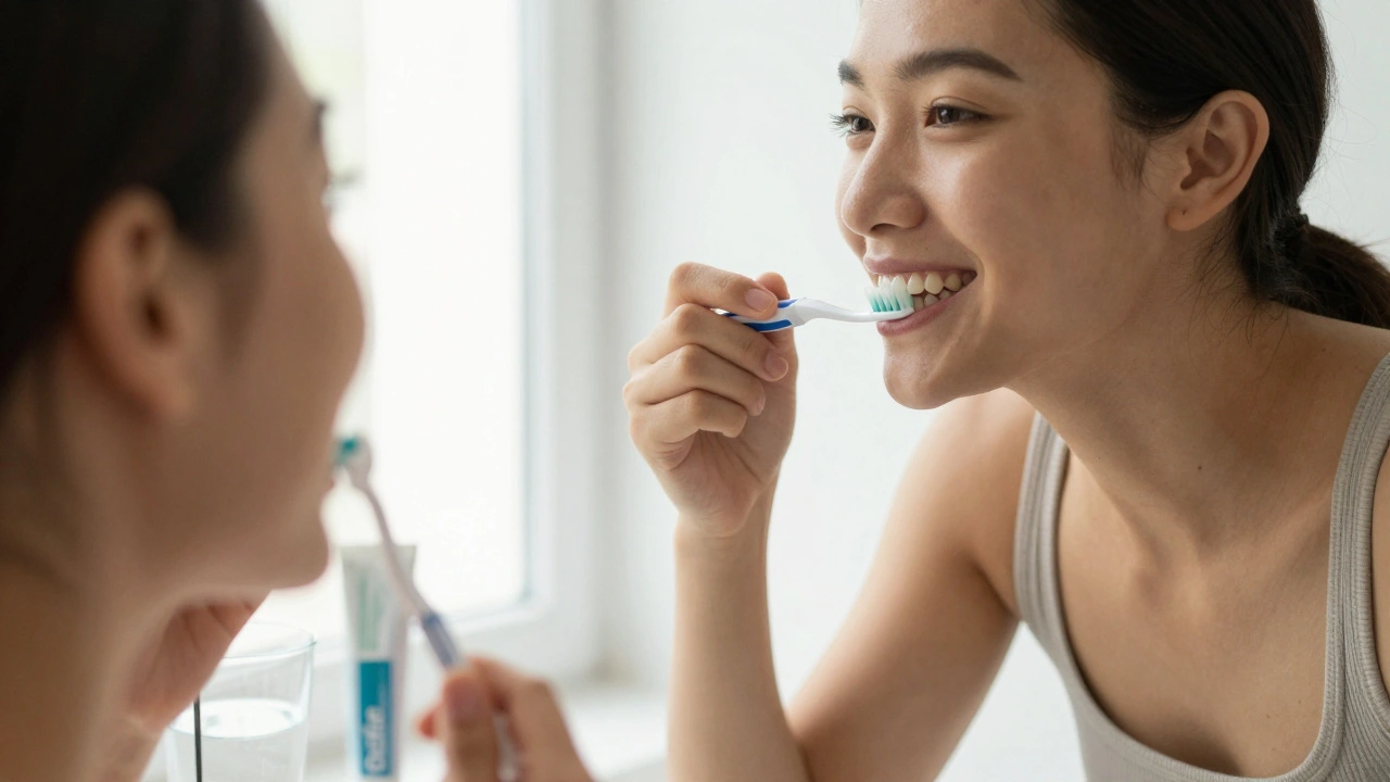 Osoba se dívá do zrcadla a čistí si zuby nití