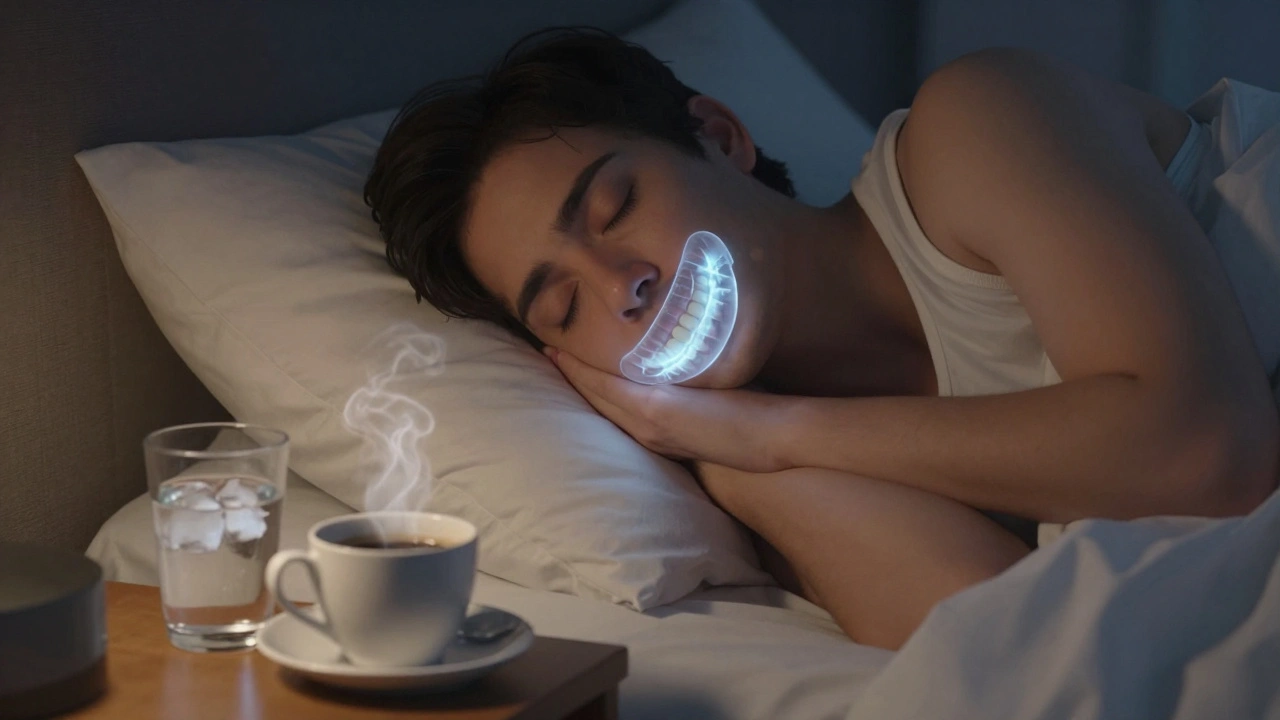 Osoba spí s ochrannou štěticí na zubech, vedle ní káva a ledová voda.