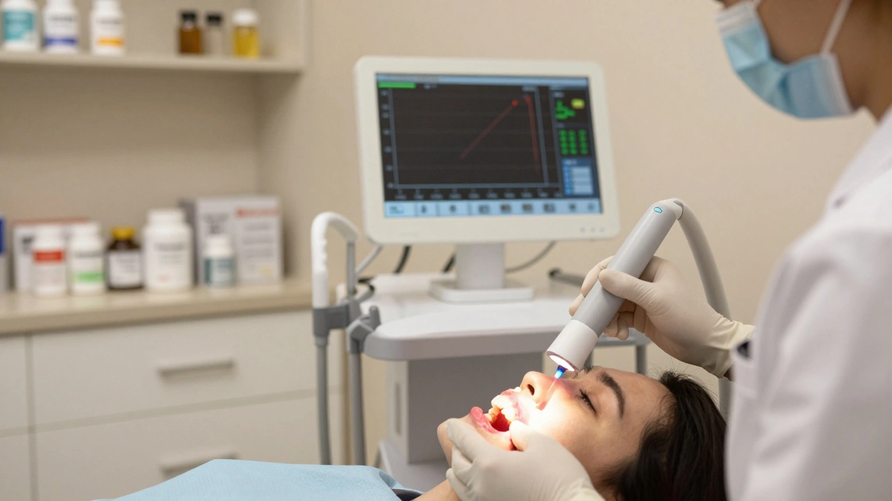 Pacient dostává laserovou terapii v zubní klinice, jemné červené paprsky osvětlují zub a dásně.