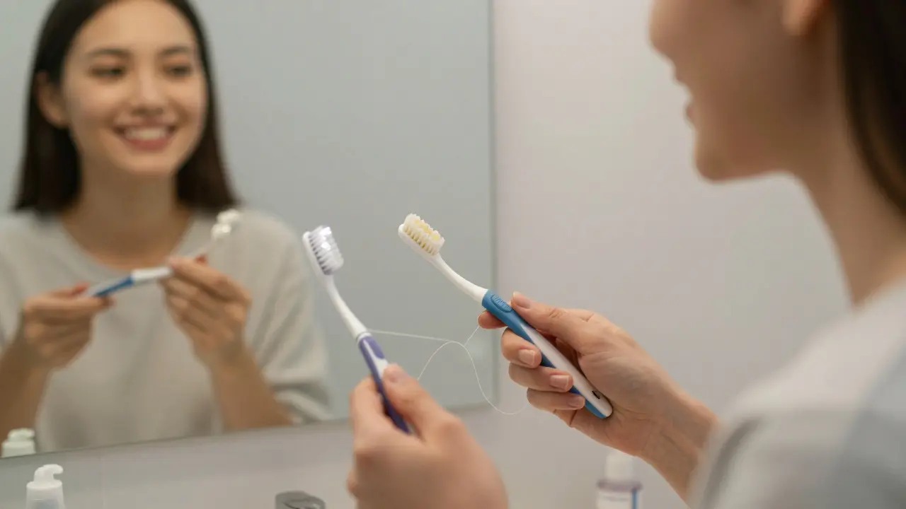 Pacient pečuje o implantát doma s kartáčkem a mezizubní nití.