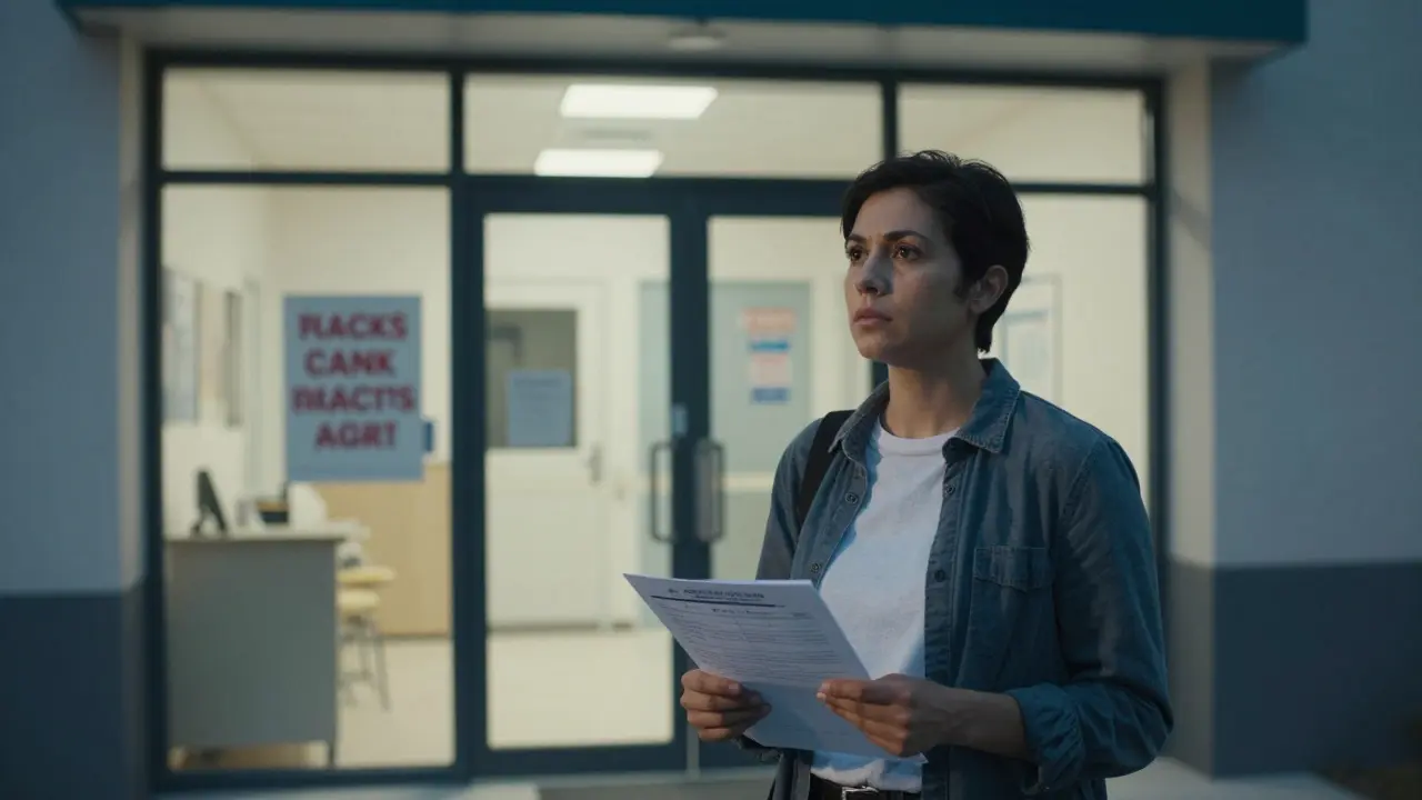 Pacient stojí před klinikou s písemným plánem, zamyšleně se rozhoduje.