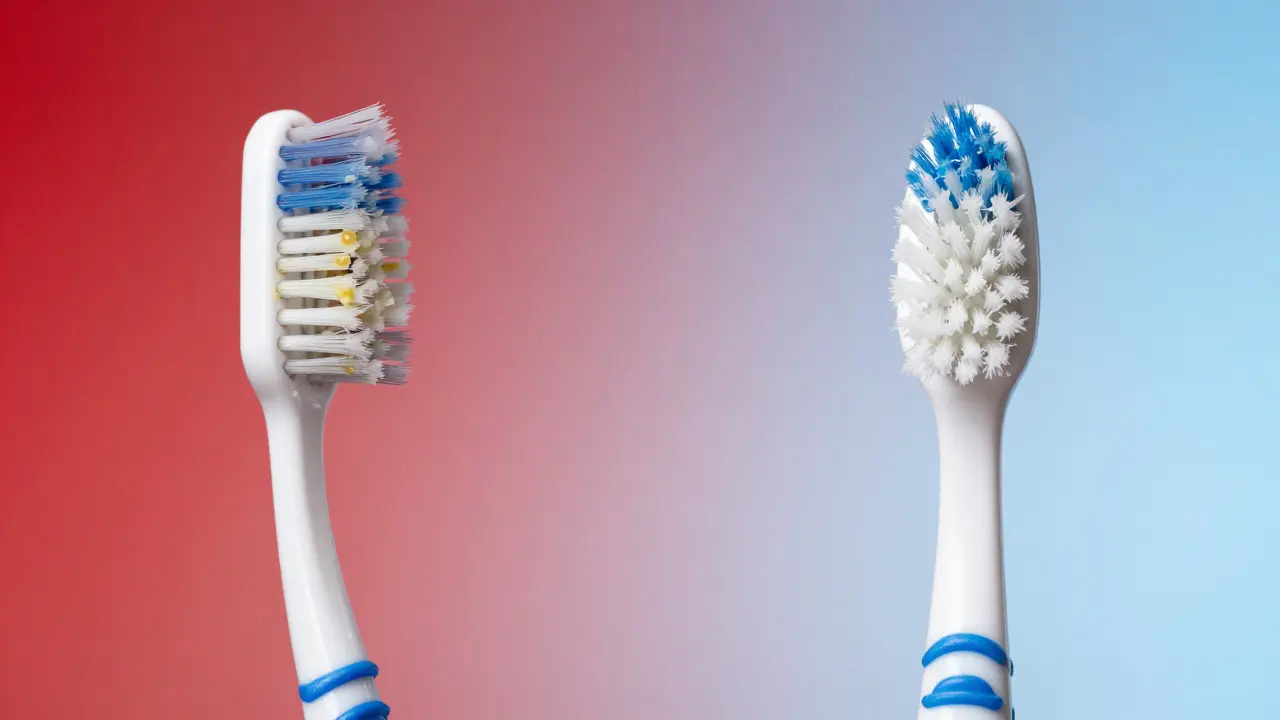 Porovnání poškozeného a nového kartáčku – symbol zdraví a péče o zuby.