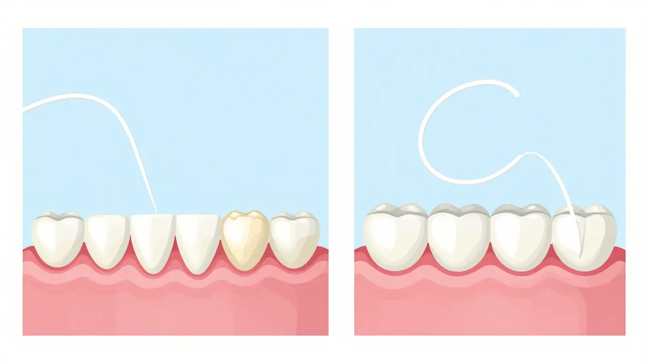 Porovnání špatné a správné techniky čištění mezizubních prostorů.