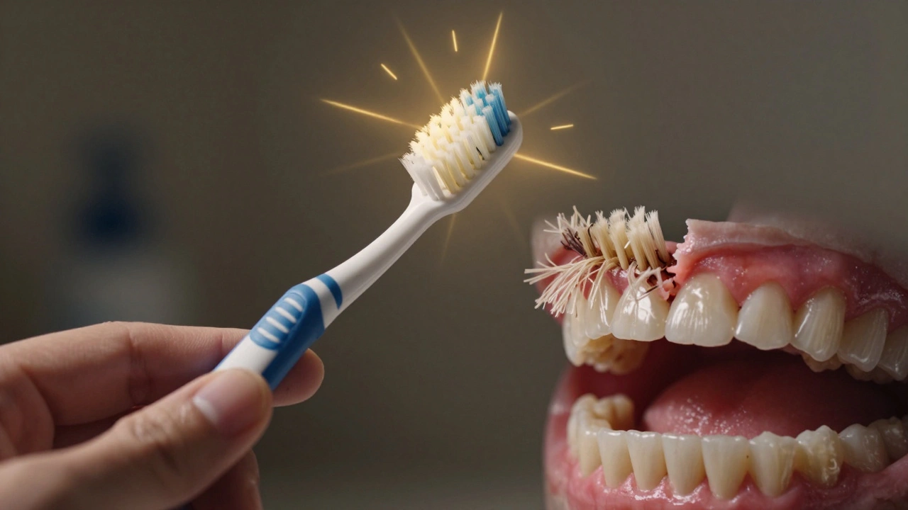 Porovnání starého a Curaprox kartáčku: zdravé vs. krvácení dásně.