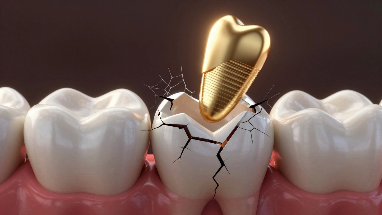 Poškozený zub s mezerou a zlatou vložkou symbolizující opravu.