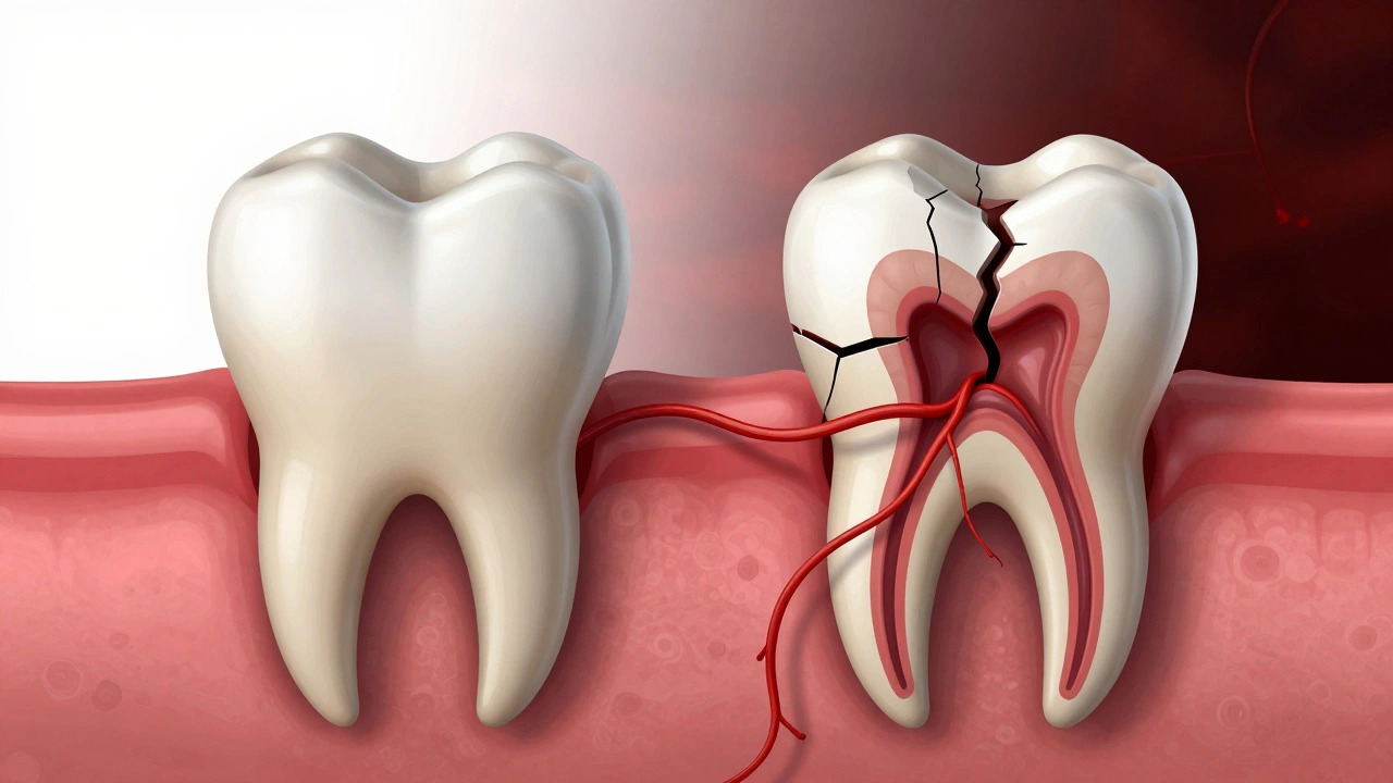 Postupné poškození zubu: od zdravého k rozdělenému s infekcí.