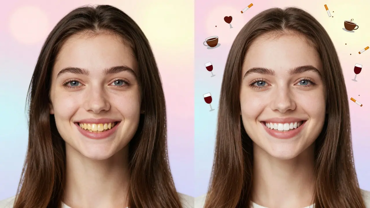 Před a po fotografii zubů: žluté zuby se mění na bělající se zuby po pískování.