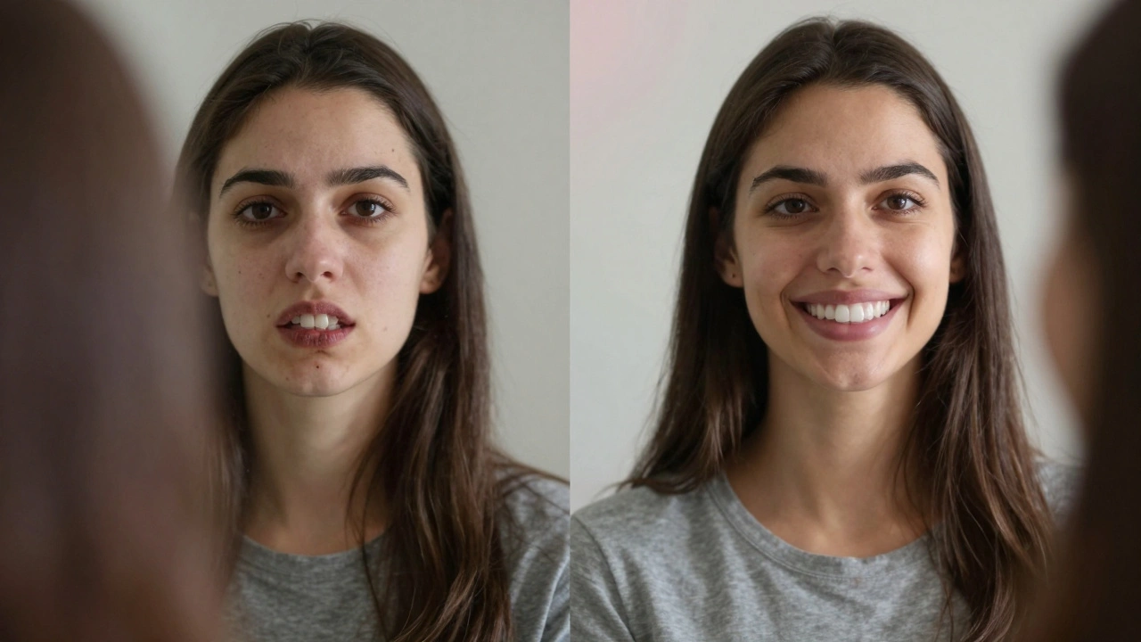 Před a po: od tlumeného úsměvu k jasnějšímu, sebevědomějšímu vzhledu s fazetami.