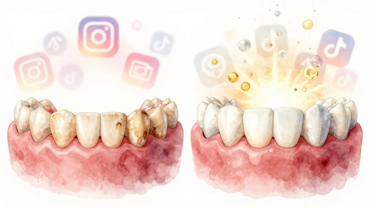 Před a po srovnání zubů: špinavé vs. čisté zuby s jemným zářivým efektem.