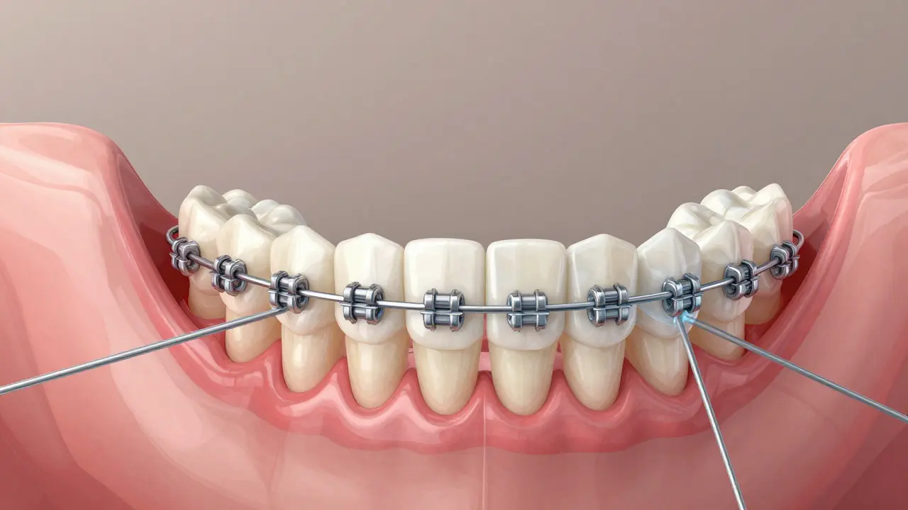Příčný řez čelistí ukazující přesun zubu a přestavbu kosti během ortodontické léčby.