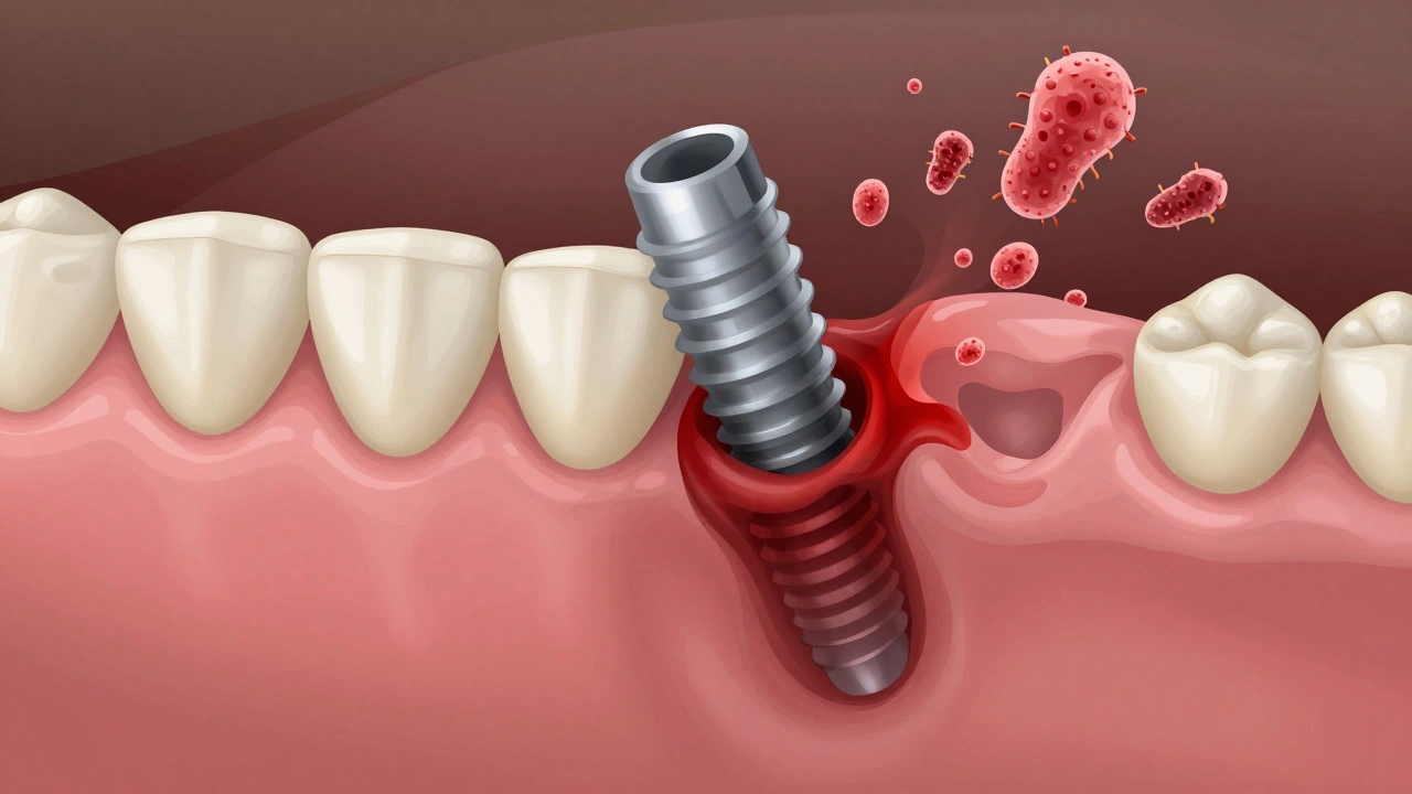 Příčný řez implantátu s zánětem kolem dásně a bakteriemi.