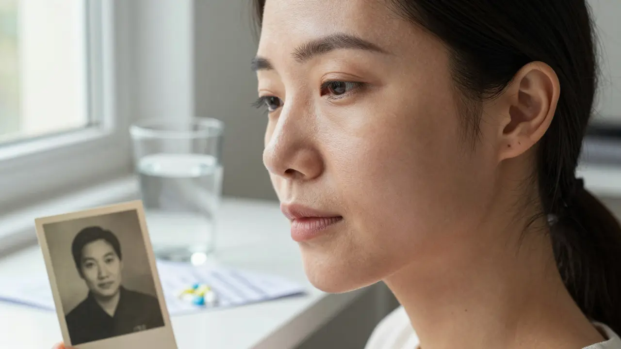 Přirozená tvář ženy v přirozeném světle s fotkou z minulosti na stole.