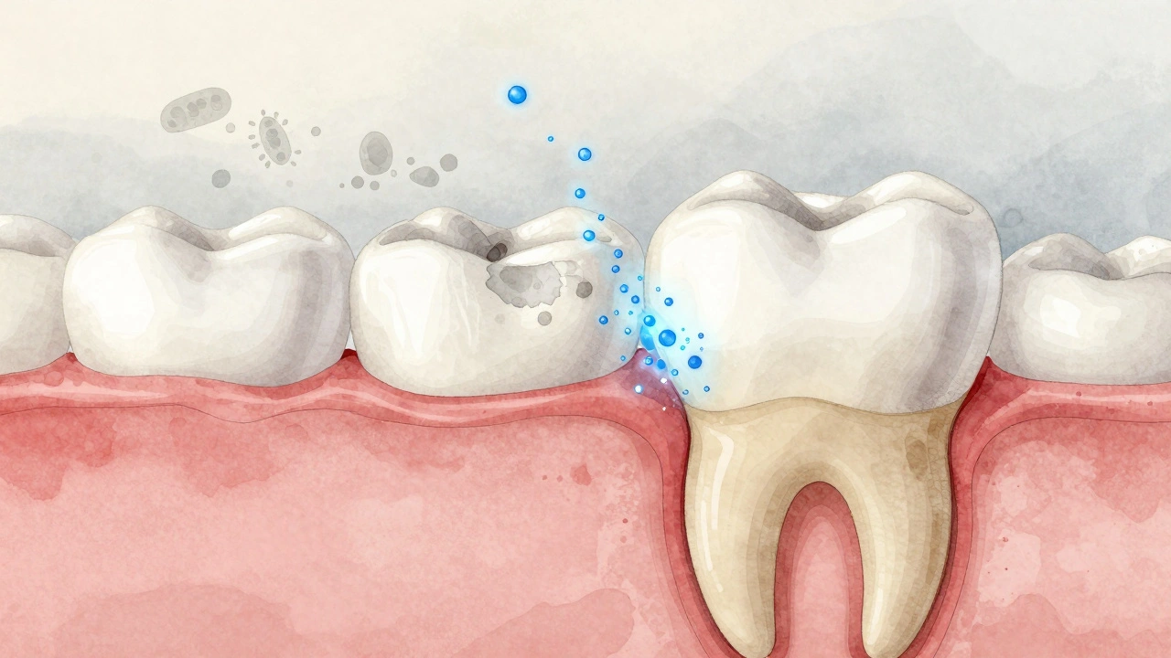 Průřez zubu s fluoridem, který obnovuje minerály ve sklovině