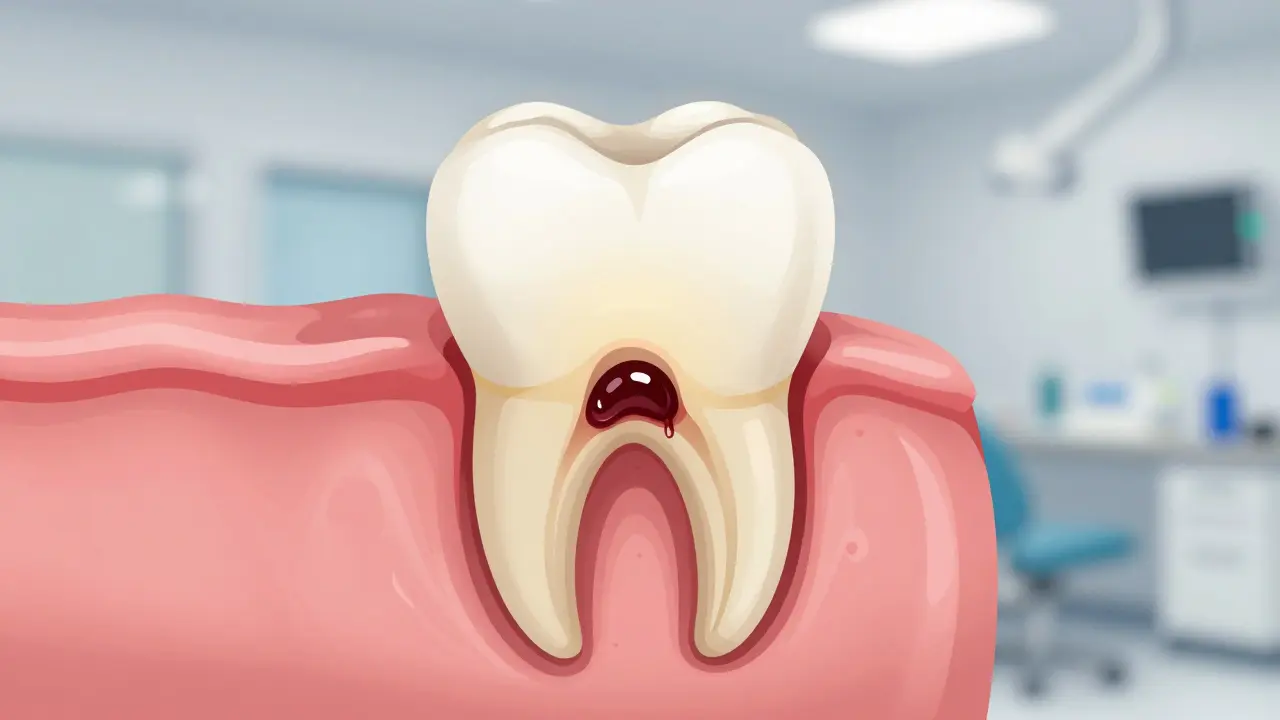 Průřez zubu s vytékajícím hnisem a růstem kostní tkáně kolem kořene.