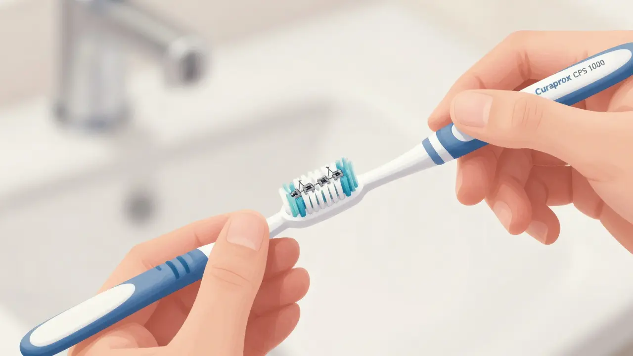 Ruka drží jemný kartáček Curaprox CPS 1000 mezi zubními dráty.