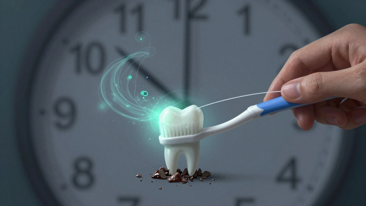 Ruka drží kartáček a nit, zuby se uvolňují od nánosů, symbolické částice odstraňují plak.