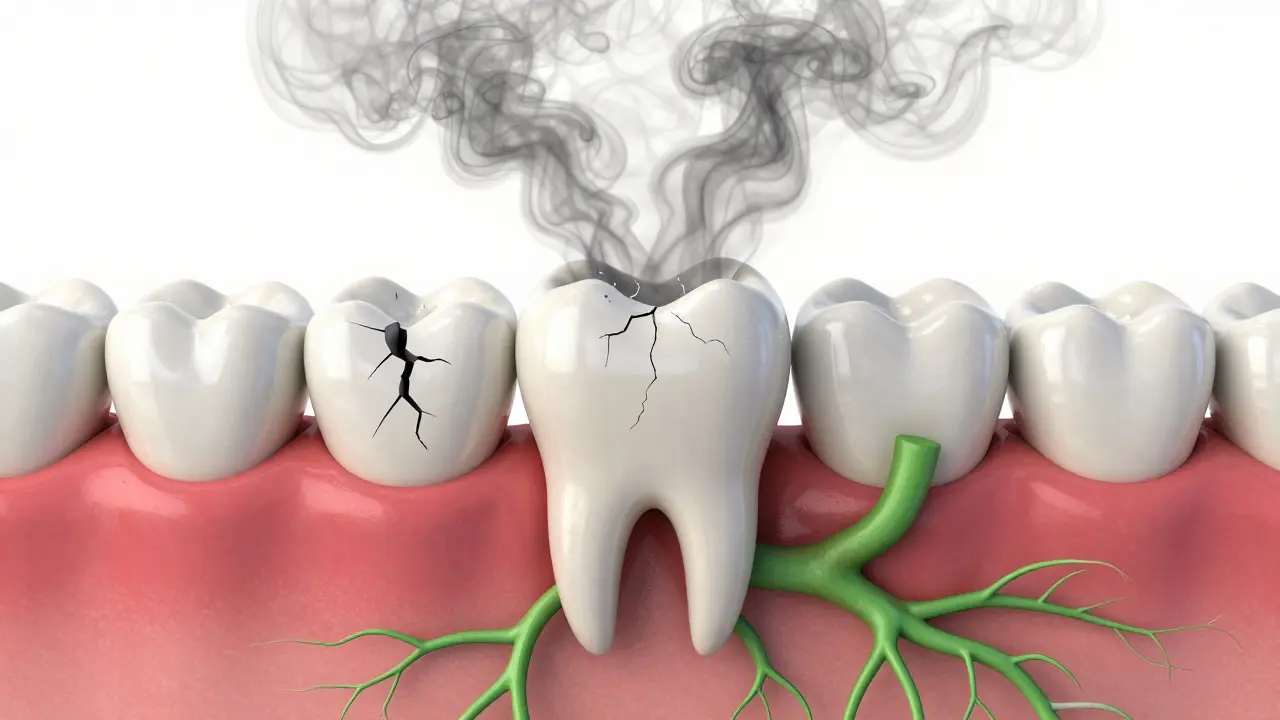 Symbolický obraz zubu jako pevnosti, která uvolňuje infekci skrze propustné uzávěry.