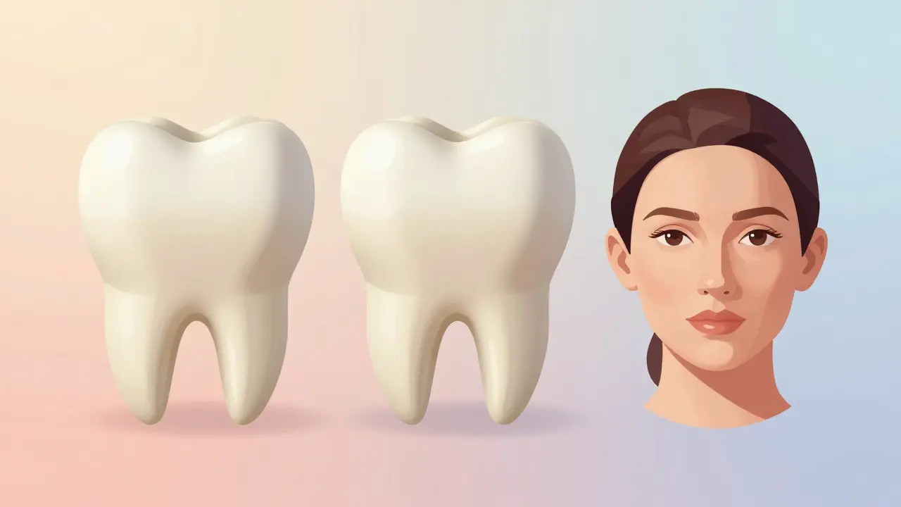 Tři tvary zubních fazet — obdélníkový, špičatý a zaoblený — přizpůsobené různým typům tváře.
