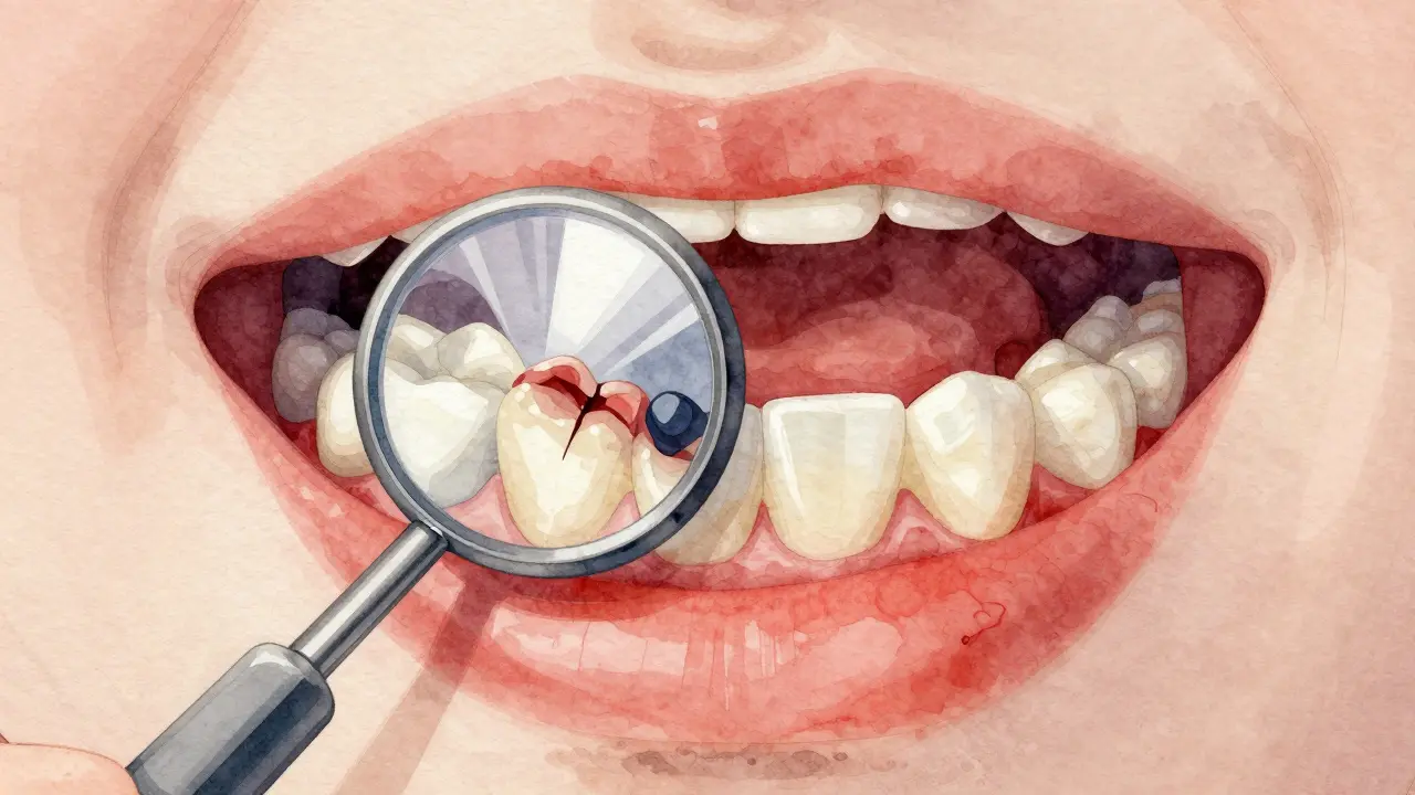 Umělecká ilustrace úst s viditelným plakem a zánětem dásní pod odrazem zrcátka.