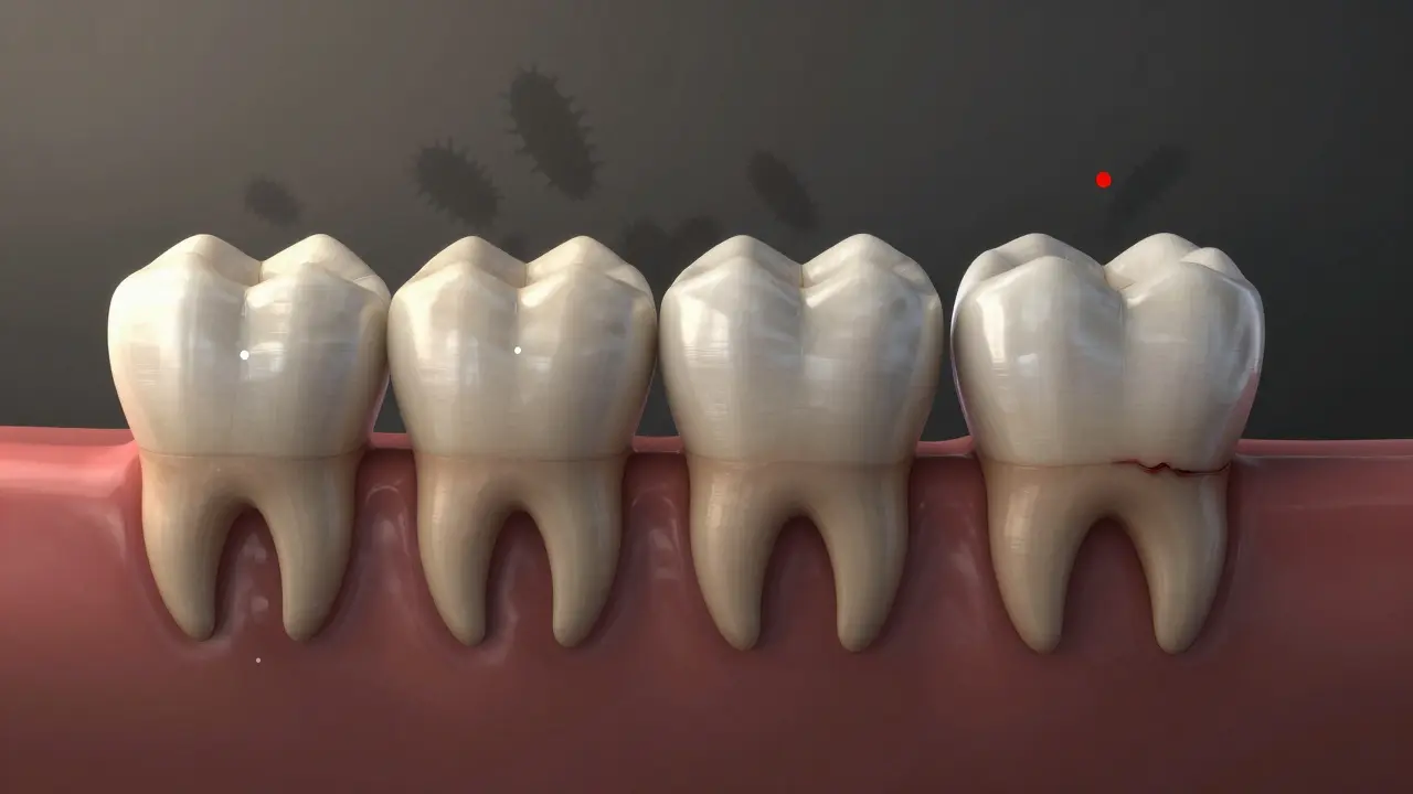 Vývoj mezizubního kazu od počáteční skvrny až po ztrátu zubu.