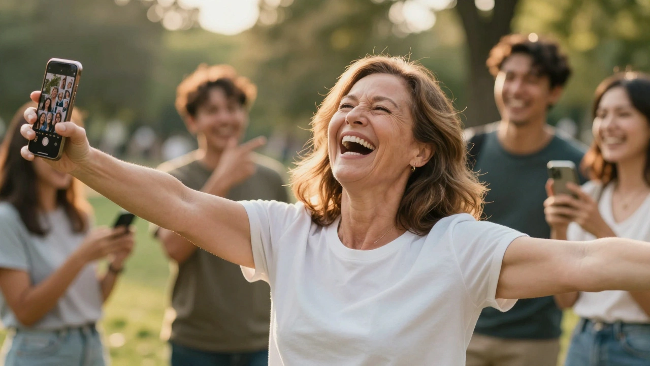 Žena se směje volně na slunném parku, její úsměv je široký, bez obav, kolem ní lidé fotí.