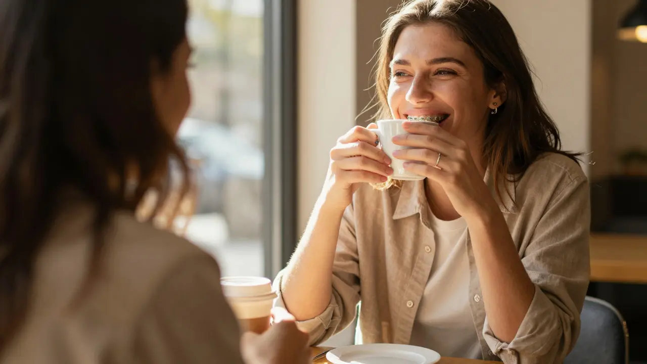 Žena se usmívá s orthodontickými rovnátky, drží šálek kávy, slunce osvětluje její obličej.