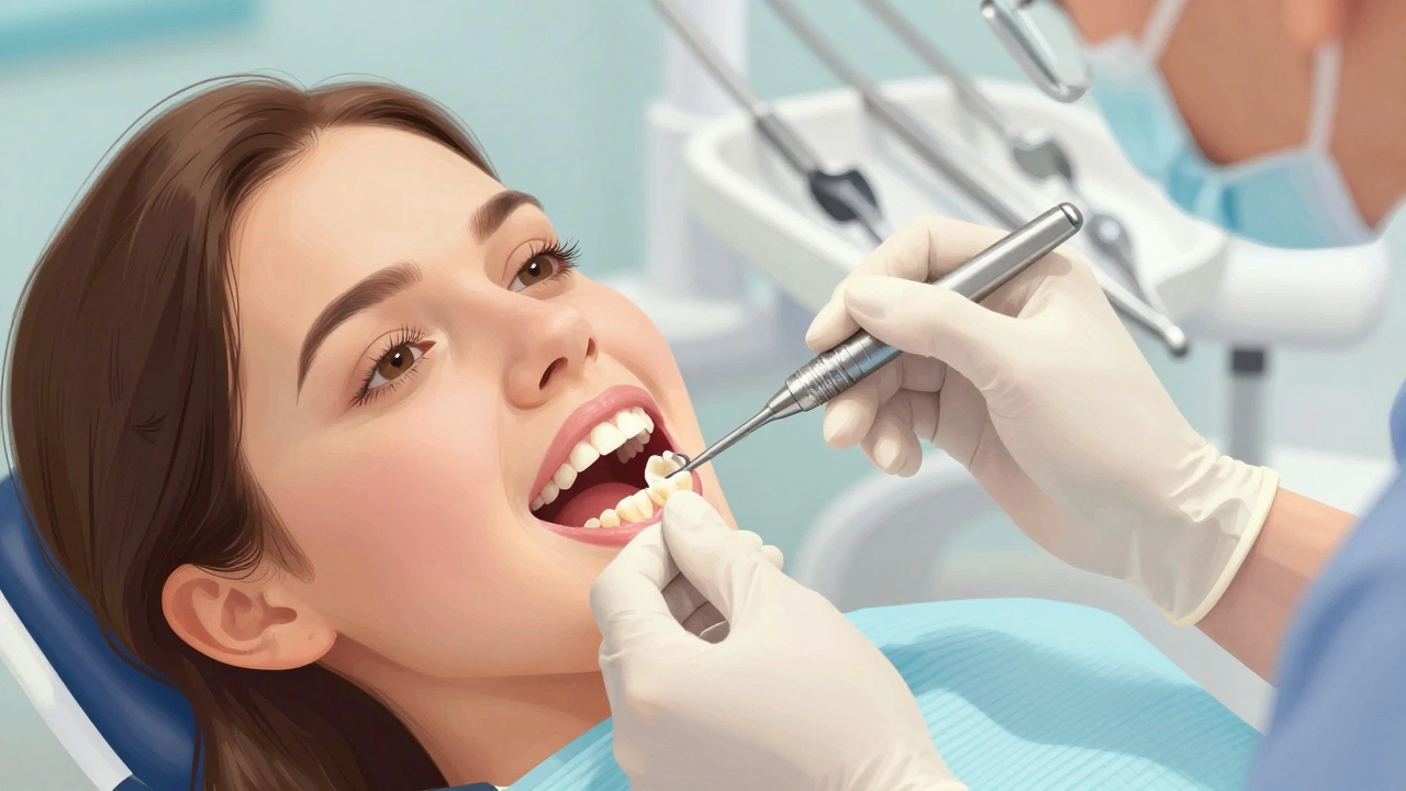 Zubní lékař vkládá keramickou vložku do předního zubu.